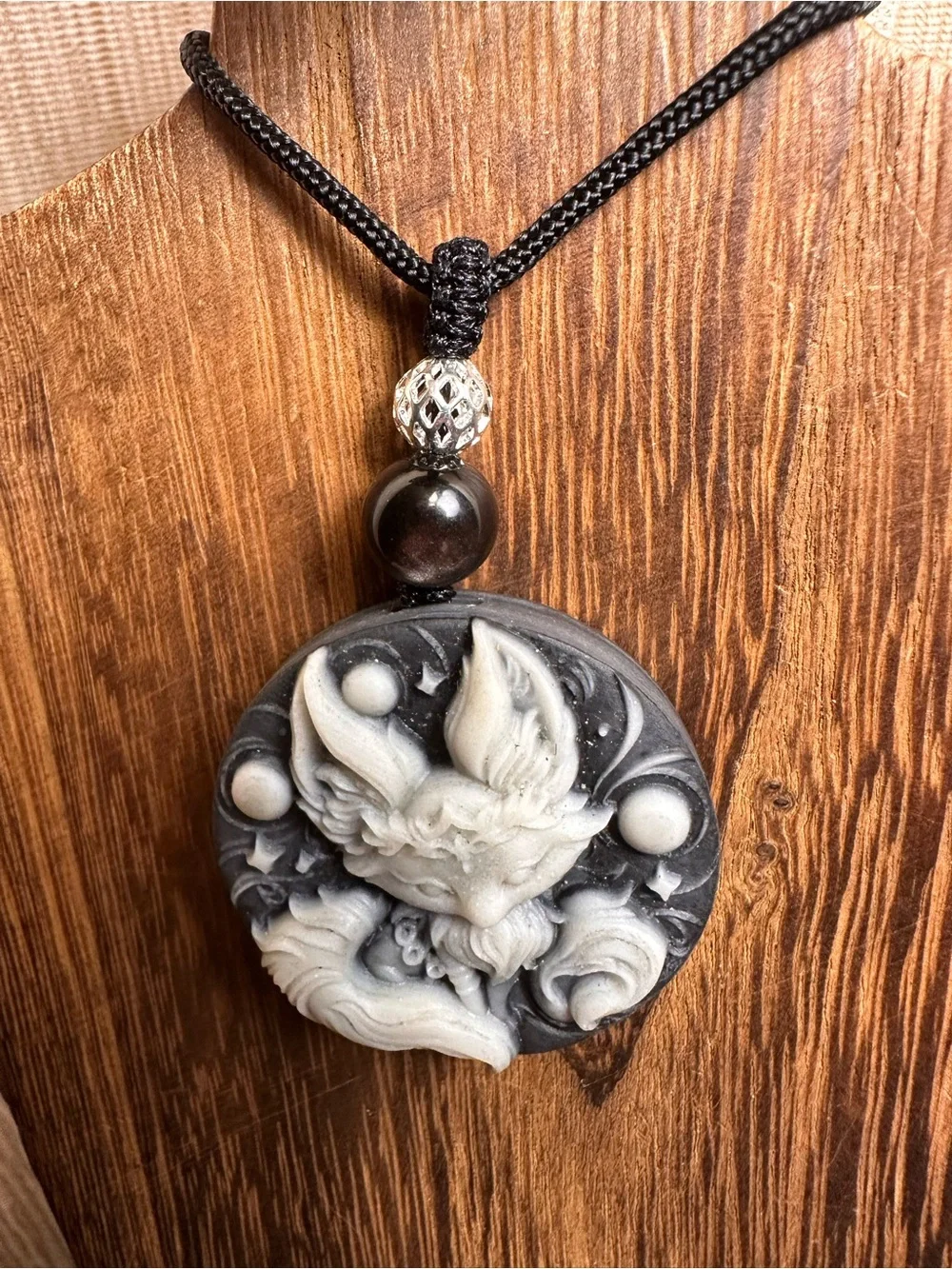 Tai Chi Stone Fox Pendant Necklace on Black Rope